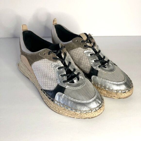 Marc Fisher Janette 4 Espadrille Silver Metallic Leather Lace Up Sneakers 8.5 M - Picture 1 of 8